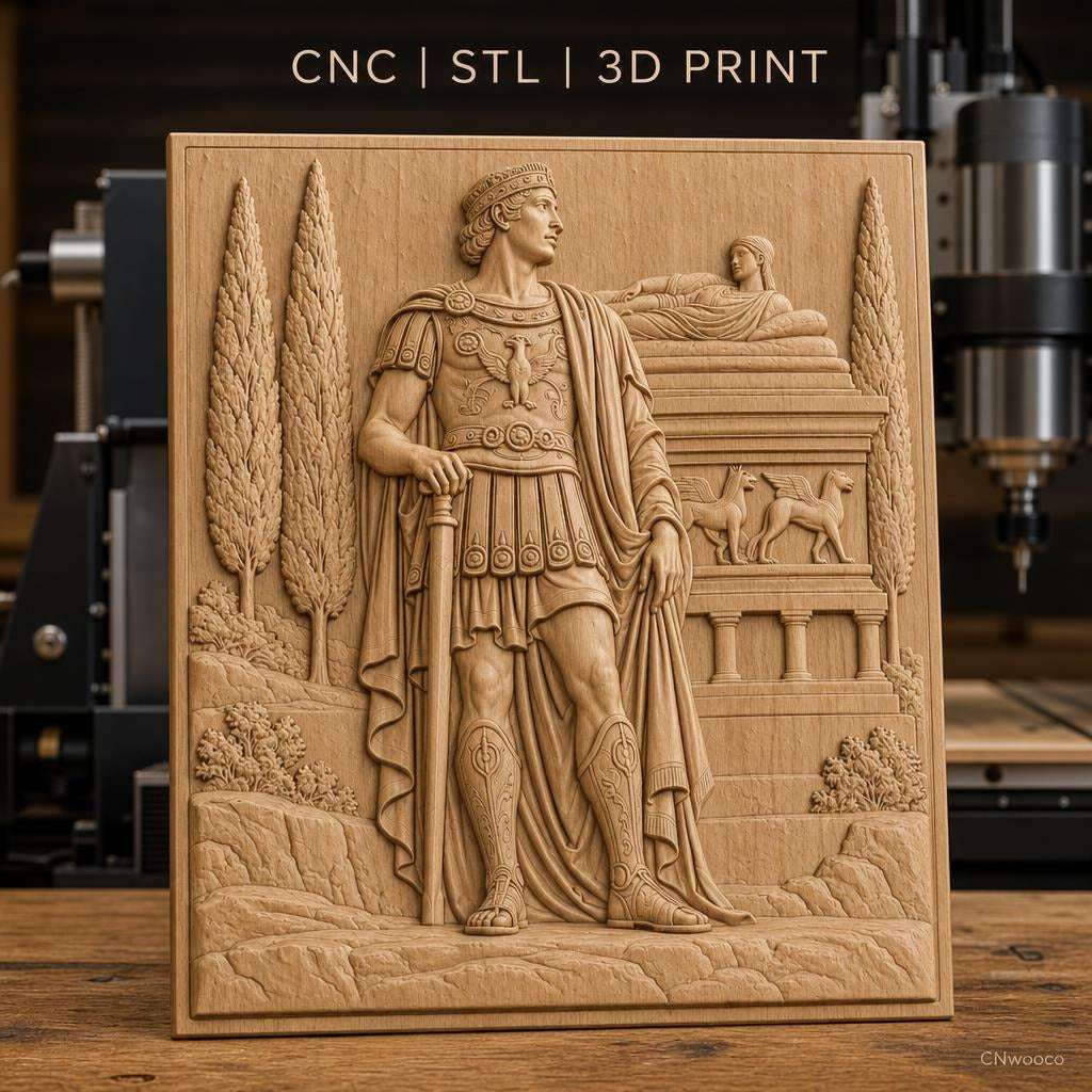 Fichier CNC & impression 3D guerrier romain debout, relief antique, colonne et cyprès, haute qualité relief STL