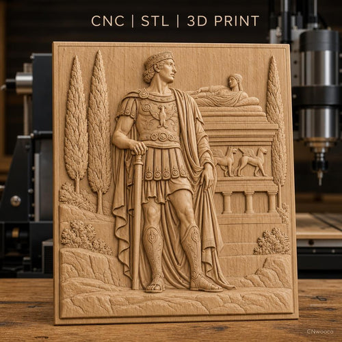 Fichier CNC & impression 3D guerrier romain debout, relief antique, colonne et cyprès, haute qualité relief STL