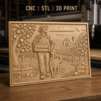 Fichier CNC & impression 3D fermier avec caisse de pommes et chien, paysage rural, haute qualité relief STL