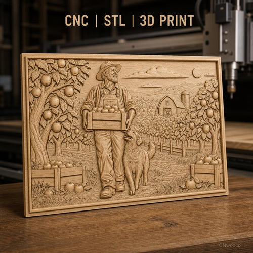 Fichier CNC & impression 3D fermier avec caisse de pommes et chien, paysage rural, haute qualité relief STL