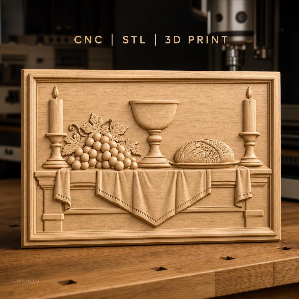 Fichier CNC & impression 3D scène de table avec chandelles, raisins, coupe et pain, haute qualité relief STL