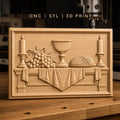 Fichier CNC & impression 3D scène de table avec chandelles, raisins, coupe et pain, haute qualité relief STL