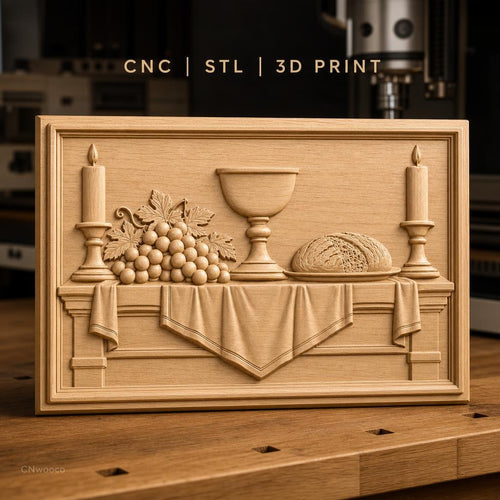 Fichier CNC & impression 3D scène de table avec chandelles, raisins, coupe et pain, haute qualité relief STL