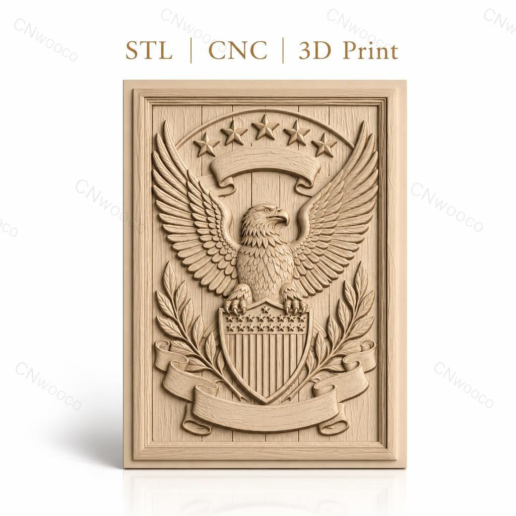 Fichier CNC & impression 3D aigle emblème, bouclier étoiles et feuilles, haute qualité relief STL