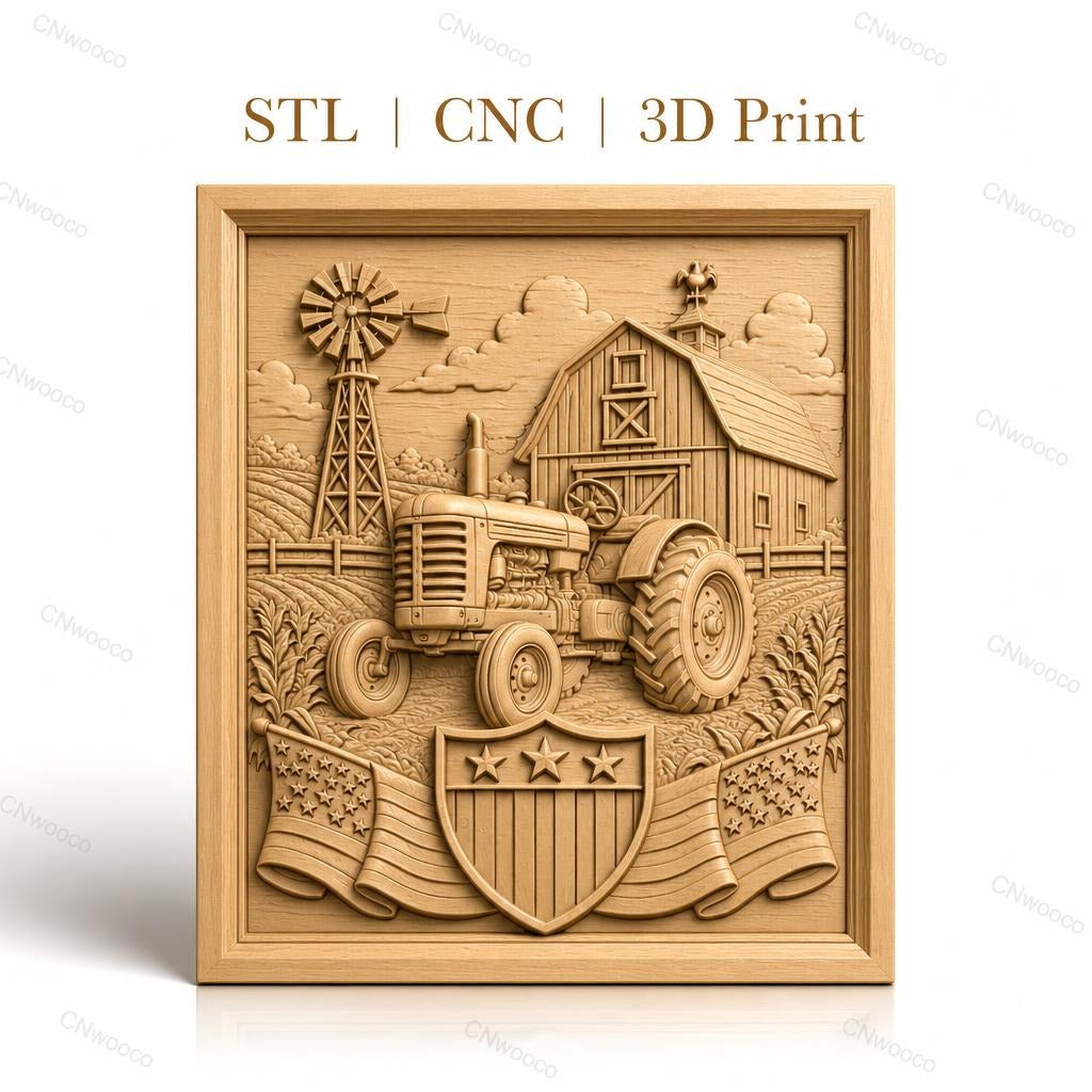 Fichier CNC & impression 3D ferme américaine, tracteur, grange, moulin à vent, drapeaux USA, haute qualité relief STL