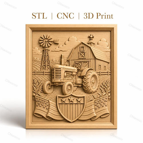 Fichier CNC & impression 3D ferme américaine, tracteur, grange, moulin à vent, drapeaux USA, haute qualité relief STL