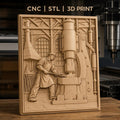 Fichier CNC & impression 3D scène forgeron industriel, atelier ancien avec machine et forgeron, haute qualité relief STL