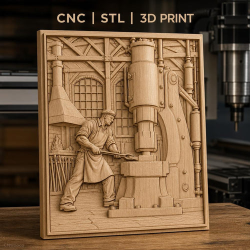 Fichier CNC & impression 3D scène forgeron industriel, atelier ancien avec machine et forgeron, haute qualité relief STL