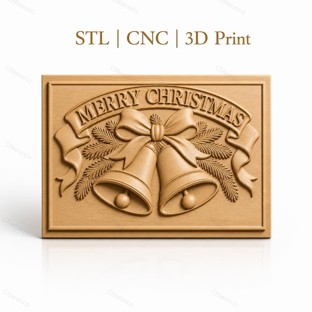 Fichier CNC & impression 3D Noël, cloches, ruban et branches de sapin, haute qualité relief STL