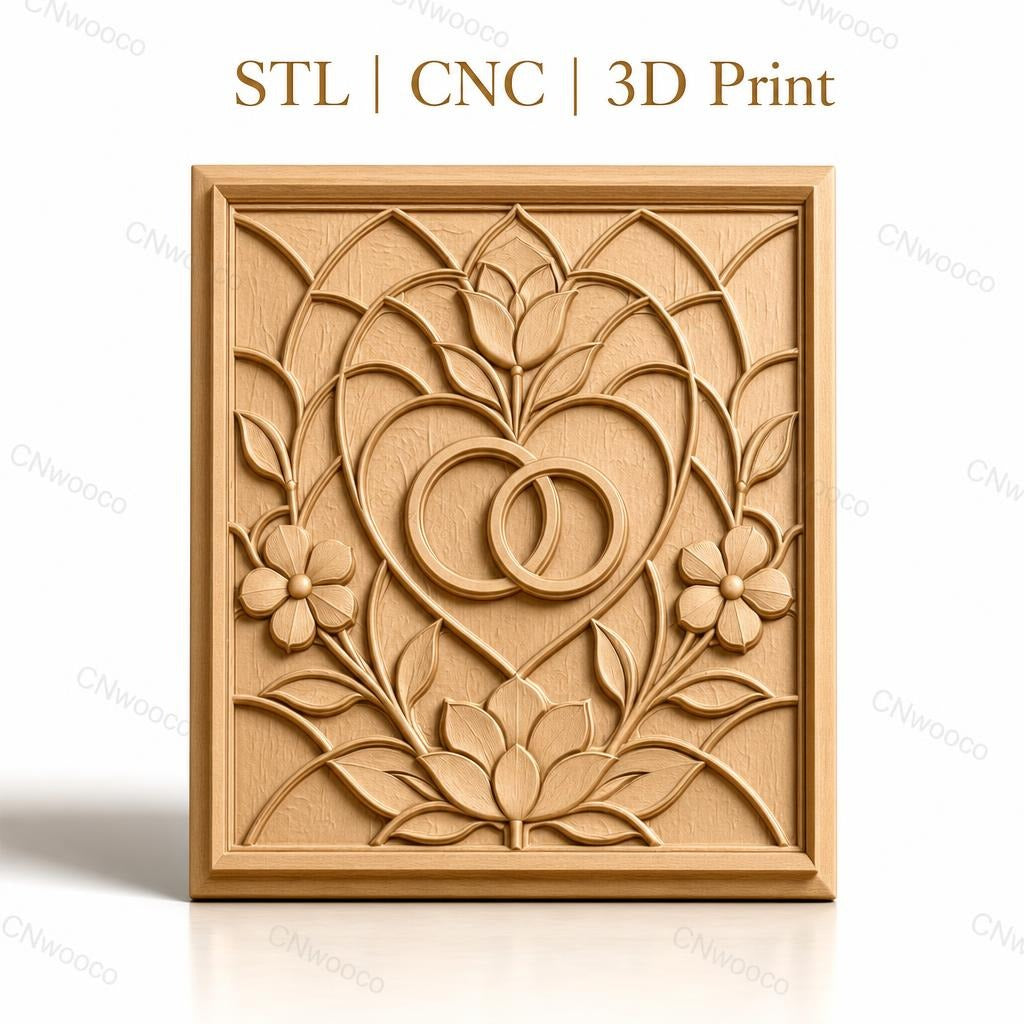 Fichier CNC & impression 3D mariage, cœurs entrelacés et fleurs, haute qualité relief STL