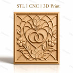 Fichier CNC & impression 3D mariage, cœurs entrelacés et fleurs, haute qualité relief STL