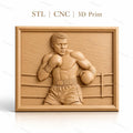 Fichier CNC & impression 3D boxeur dans le ring, gants de boxe, short, style réaliste, haute qualité relief STL