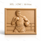 Fichier CNC & impression 3D boxeur dans le ring, gants de boxe, short, style réaliste, haute qualité relief STL