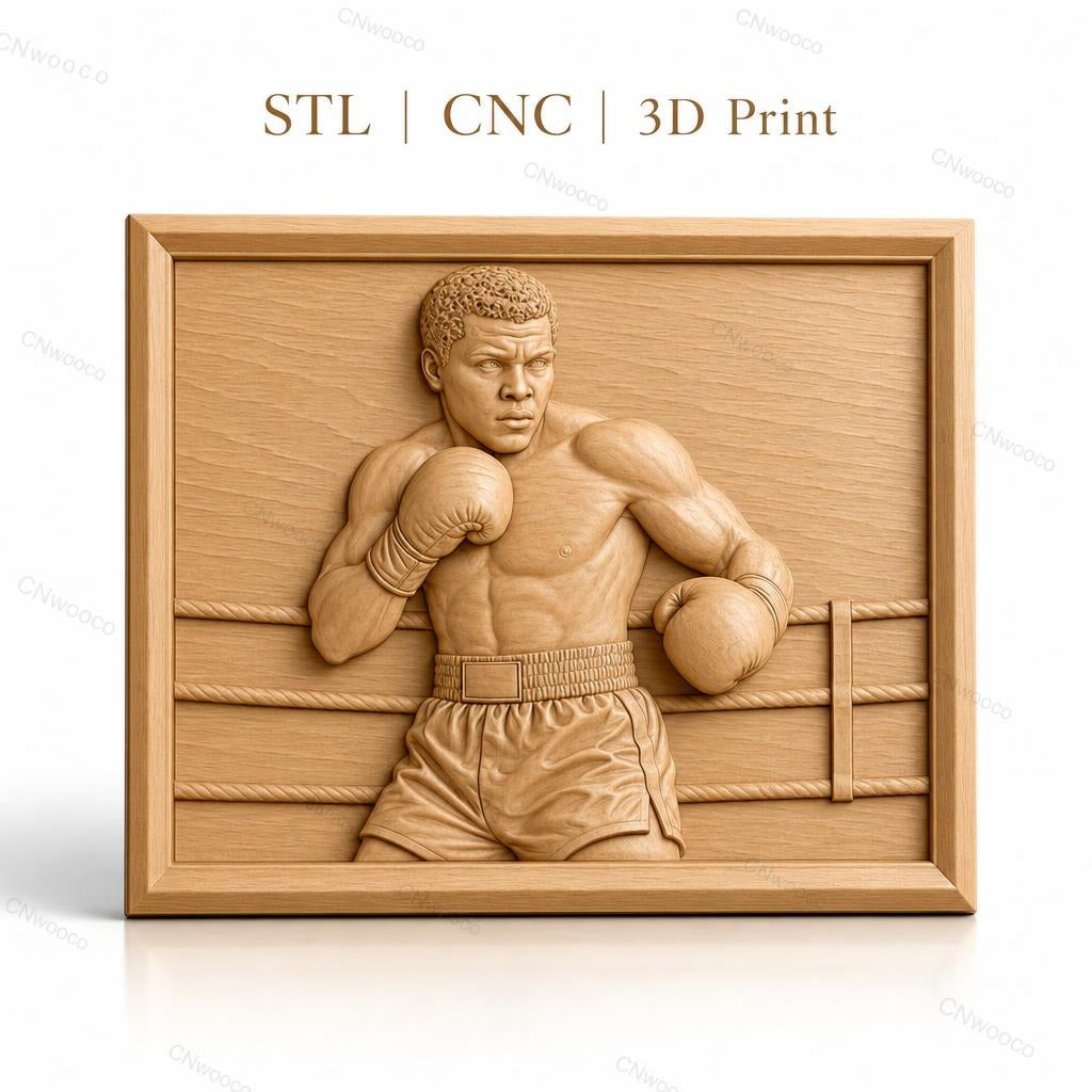 Fichier CNC & impression 3D boxeur dans le ring, gants de boxe, short, style réaliste, haute qualité relief STL