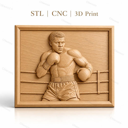 Fichier CNC & impression 3D boxeur dans le ring, gants de boxe, short, style réaliste, haute qualité relief STL