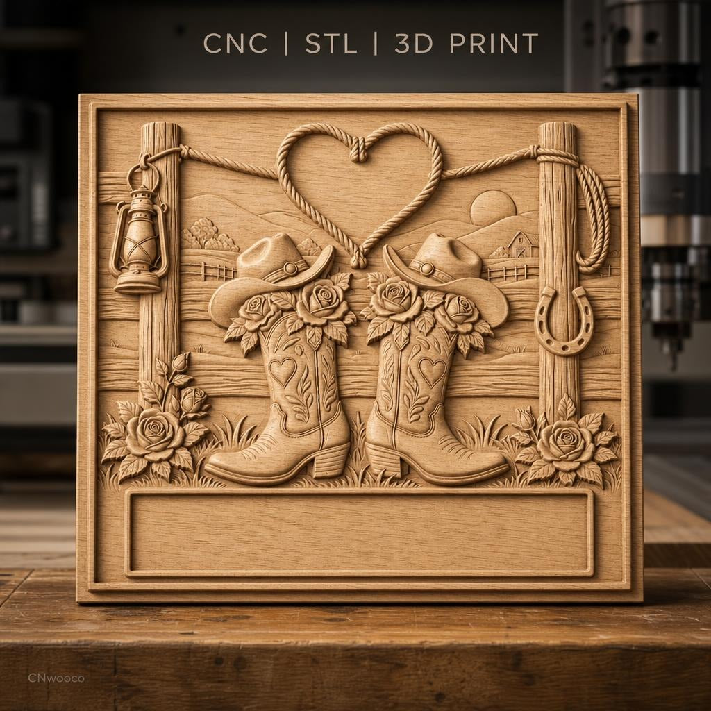Fichier CNC & impression 3D thème western, bottes, chapeaux, roses, coeur en corde, haute qualité relief STL