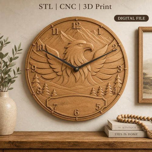 Fichier CNC & impression 3D horloge murale aigle en relief montagne bois STL