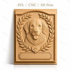 Fichier CNC & impression 3D chien Golden Retriever, couronnes de feuilles et cœur patte, haute qualité relief STL