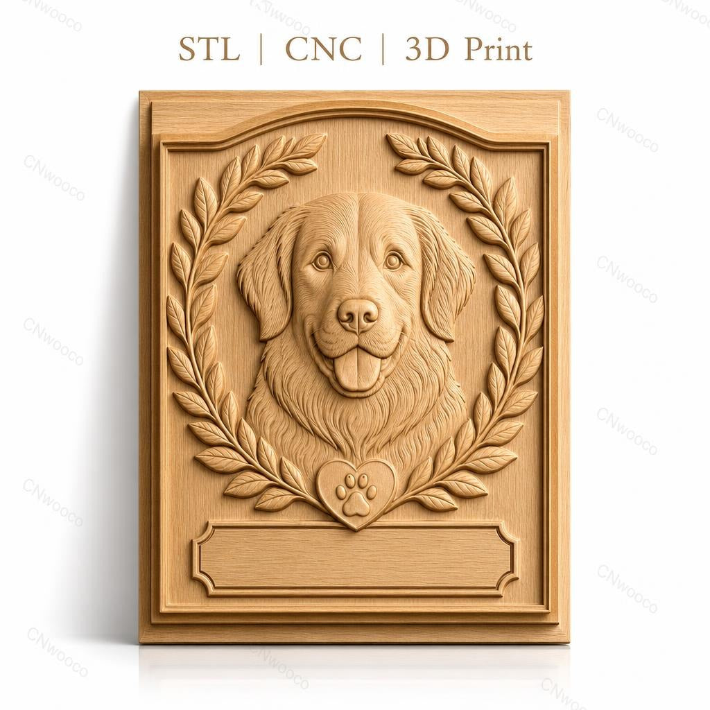 Fichier CNC & impression 3D chien Golden Retriever, couronnes de feuilles et cœur patte, haute qualité relief STL