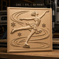 Fichier CNC & impression 3D Patinage artistique, danseuse en mouvement avec flocons de neige, haute qualité relief STL