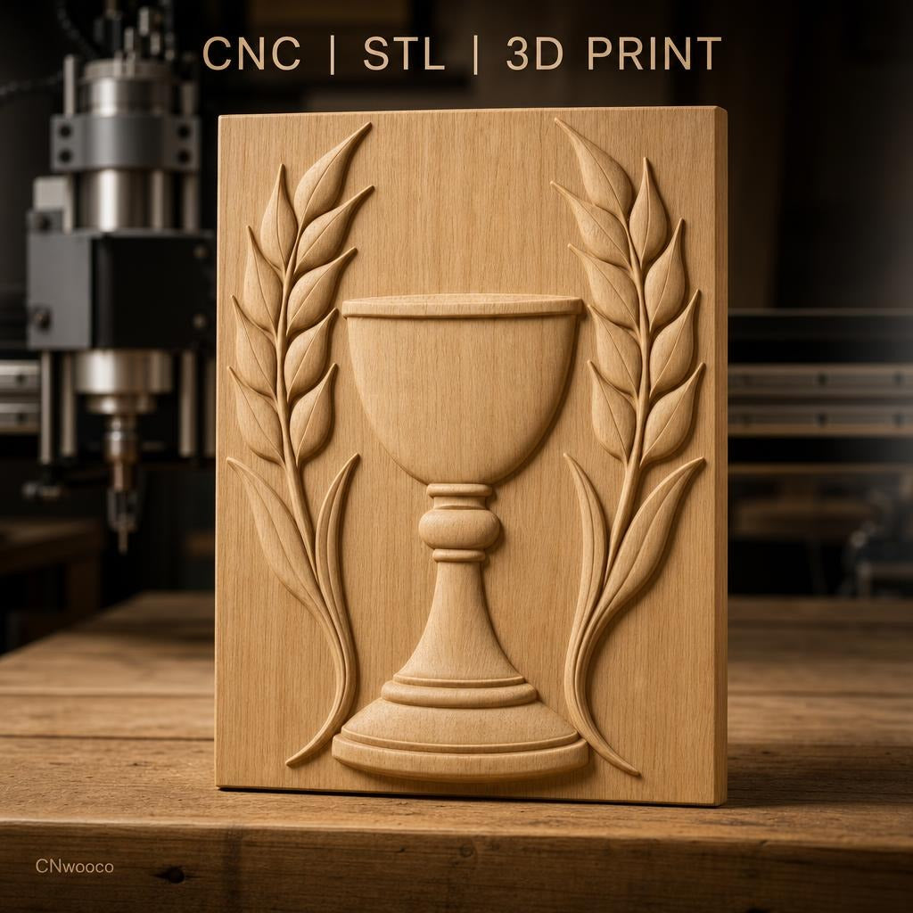 Fichier CNC & impression 3D calice et feuillage, motif religieux hauteur relief STL haute qualité relief STL
