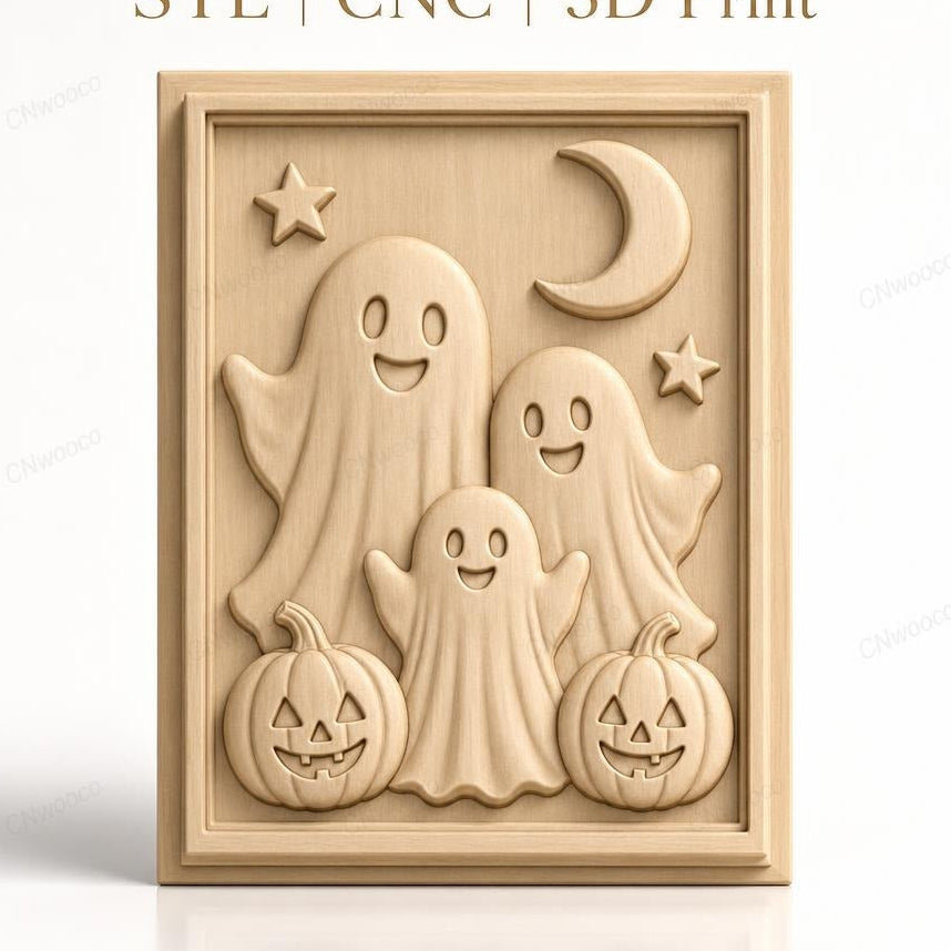 Fichier CNC & impression 3D thème Halloween, fantômes, citrouilles, lune et étoiles, haute qualité relief STL