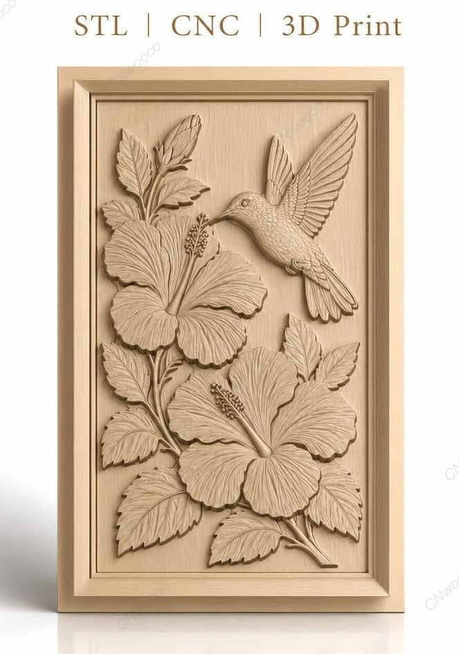 Fichier CNC & impression 3D colibri et fleurs d'hibiscus, feuilles détaillées haute qualité relief STL