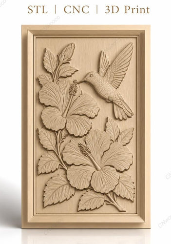 Fichier CNC & impression 3D colibri et fleurs d'hibiscus, feuilles détaillées haute qualité relief STL