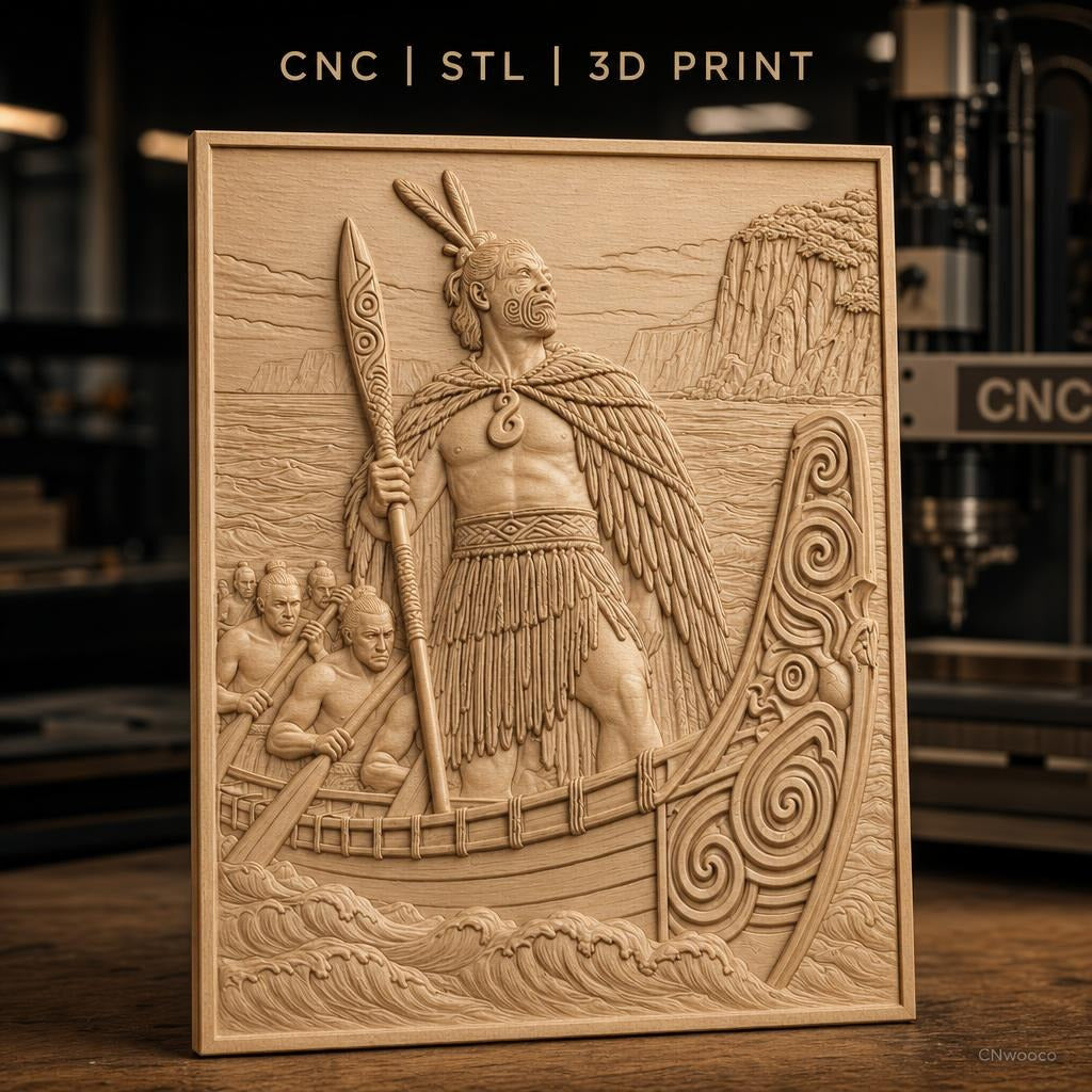 Fichier CNC & impression 3D guerrier maori, pirogue traditionnelle et tatouages tribaux, haute qualité relief STL