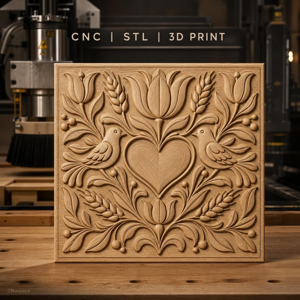 Fichier CNC & impression 3D relief coeur, oiseaux, fleurs et épis de blé, haute qualité relief STL