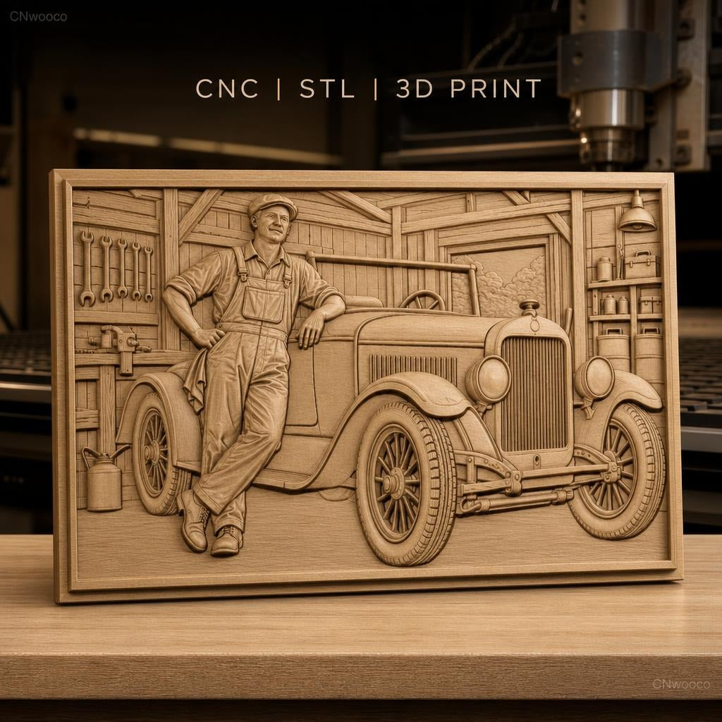 Fichier CNC & impression 3D voiture ancienne et mécanicien dans garage, vitres détaillées, outils muraux, haute qualité relief STL