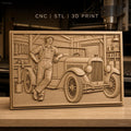 Fichier CNC & impression 3D voiture ancienne et mécanicien dans garage, vitres détaillées, outils muraux, haute qualité relief STL