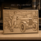 Fichier CNC & impression 3D voiture ancienne et mécanicien dans garage, vitres détaillées, outils muraux, haute qualité relief STL