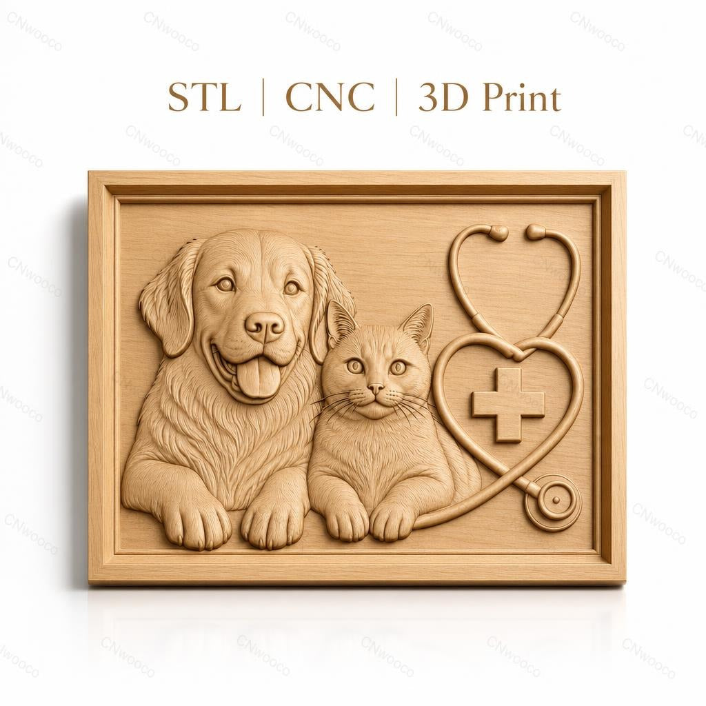 Fichier CNC & impression 3D vétérinaire chien chat stéthoscope cœur croix, haute qualité relief STL