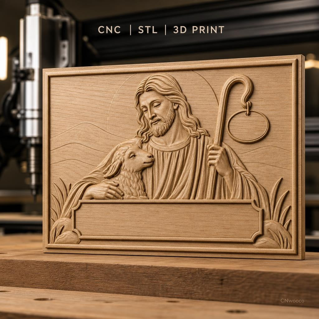 Fichier CNC & impression 3D Jésus bon berger avec agneau, bâton de berger, haute qualité relief STL