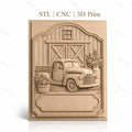 Fichier CNC & impression 3D camion ancien, grange bois, fleurs en relief, haute qualité relief STL