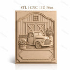 Fichier CNC & impression 3D camion ancien, grange bois, fleurs en relief, haute qualité relief STL