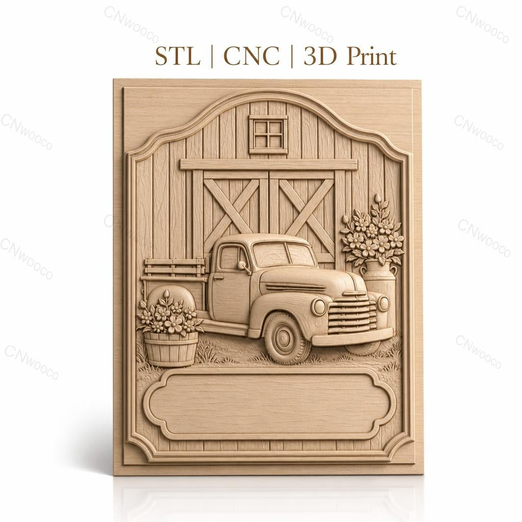 Fichier CNC & impression 3D camion ancien, grange bois, fleurs en relief, haute qualité relief STL