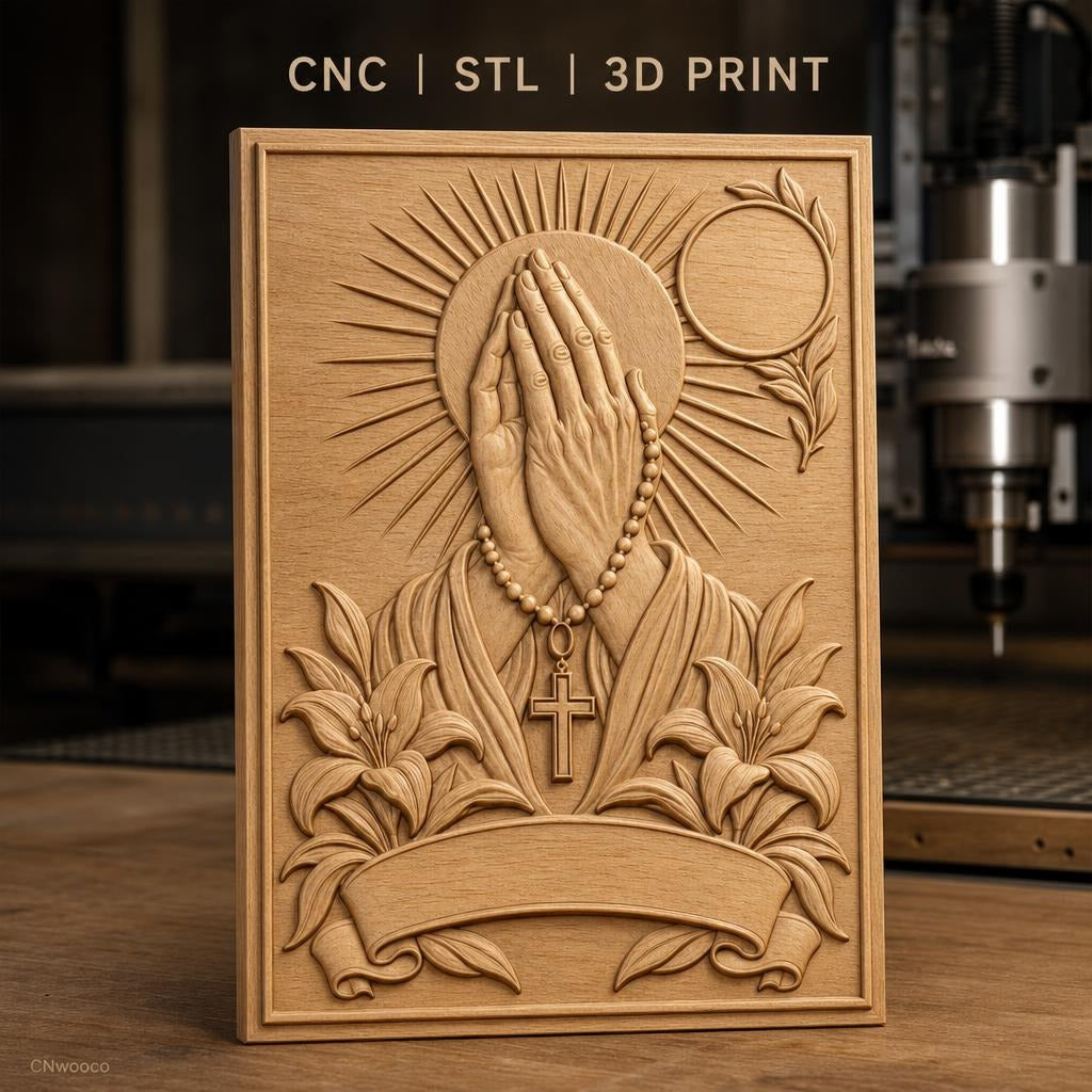 Fichier CNC & impression 3D mains en prière, chapelet, croix, lys et soleil, haute qualité relief STL