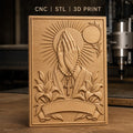 Fichier CNC & impression 3D mains en prière, chapelet, croix, lys et soleil, haute qualité relief STL