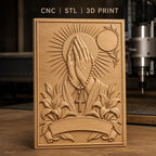 Fichier CNC & impression 3D mains en prière, chapelet, croix, lys et soleil, haute qualité relief STL