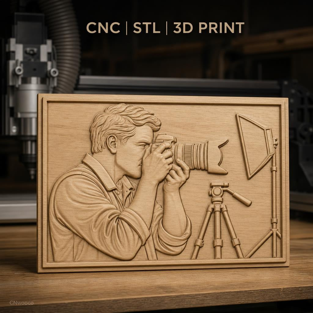 Fichier CNC & impression 3D photographe avec appareil photo reflex, trépied et éclairage, haute qualité relief STL