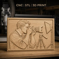 Fichier CNC & impression 3D photographe avec appareil photo reflex, trépied et éclairage, haute qualité relief STL