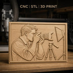 Fichier CNC & impression 3D photographe avec appareil photo reflex, trépied et éclairage, haute qualité relief STL