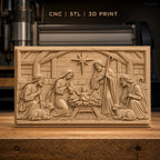 Fichier CNC & impression 3D scène de la crèche, Marie Joseph bébé Jésus étoile et moutons, haute qualité relief STL