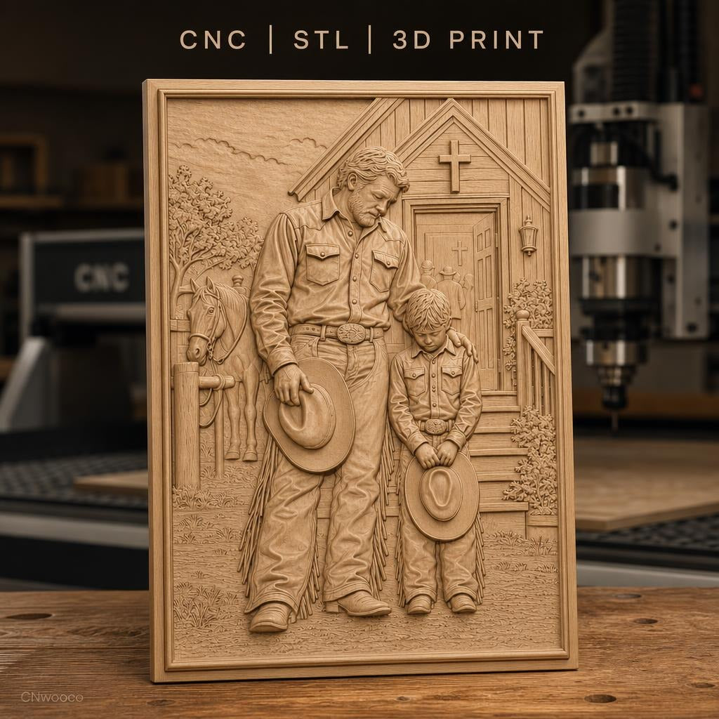 Fichier CNC & impression 3D père et fils cowboys priant devant église, cheval, croix, tenue western, haute qualité relief STL