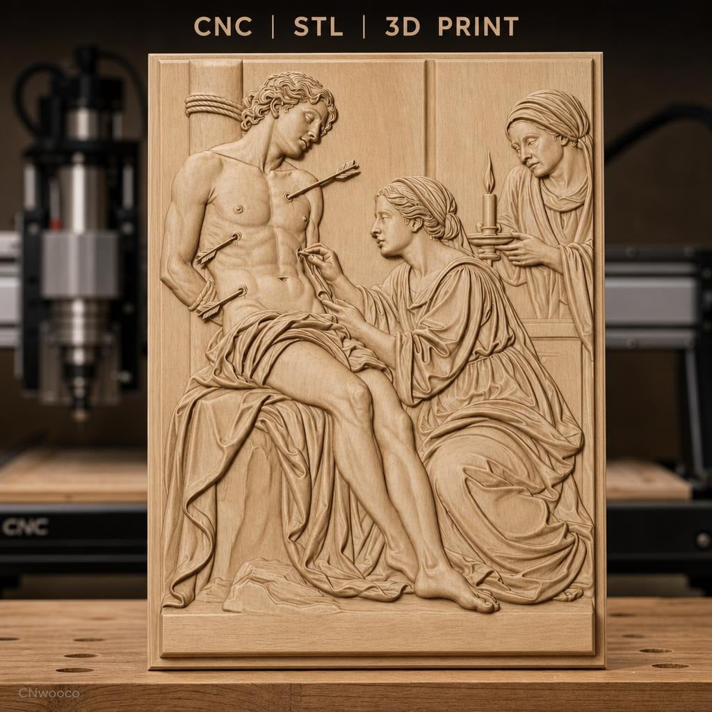 Fichier CNC & impression 3D saint Sébastien, flèches, femmes assistantes, haute qualité relief STL