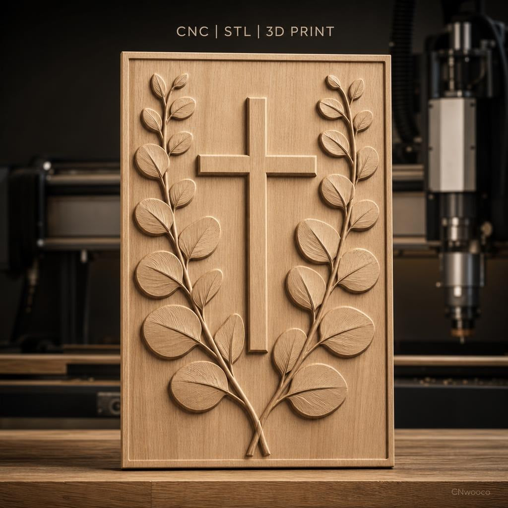 Fichier CNC & impression 3D Croix chrétienne et feuilles, haute qualité relief STL