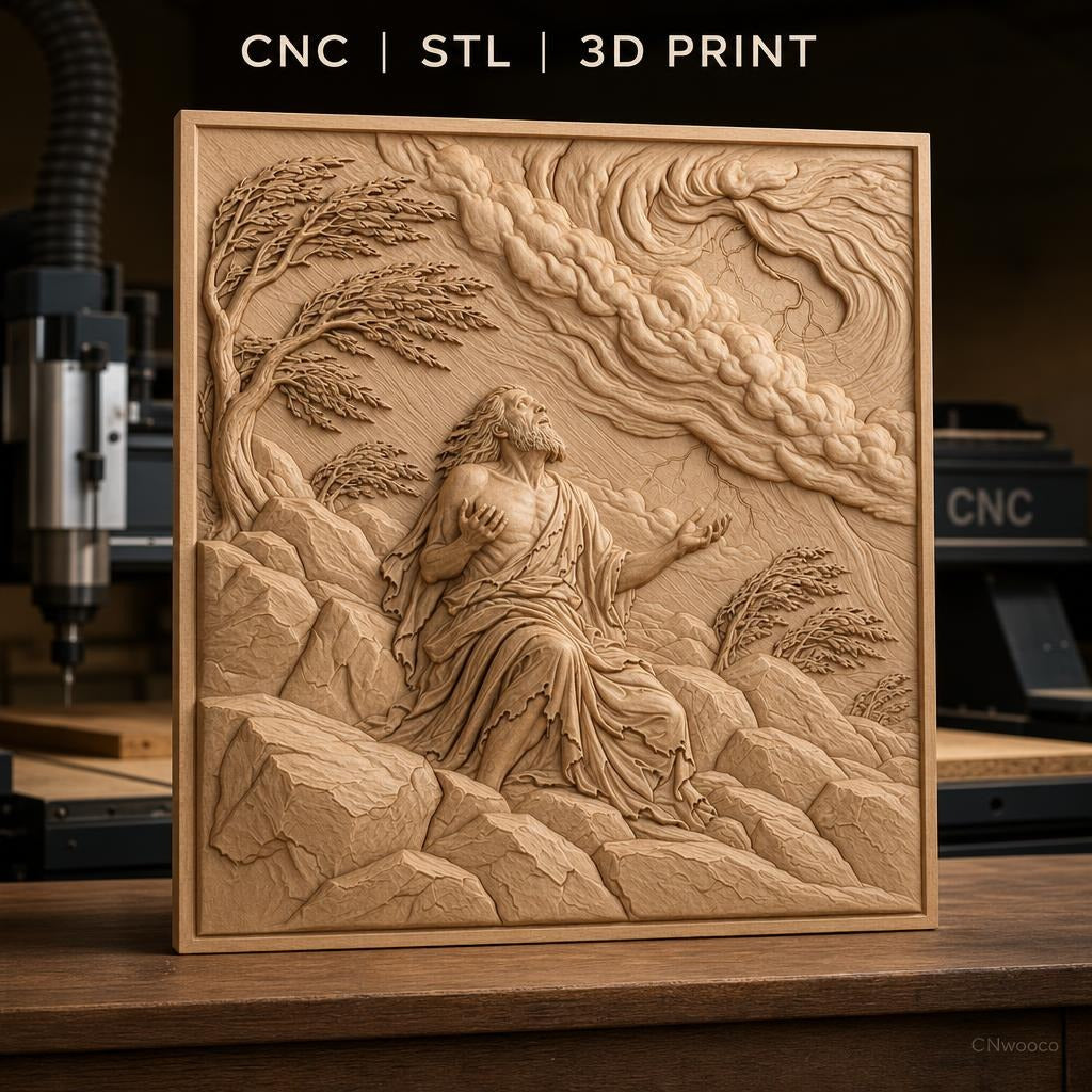 Fichier CNC & impression 3D scène biblique prière sur rochers avec nuages et arbres, haute qualité relief STL