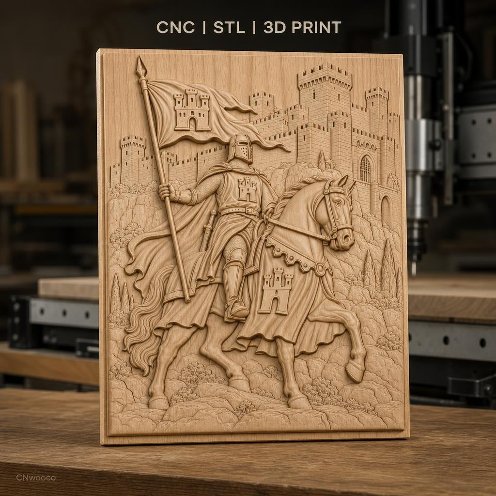 Fichier CNC & impression 3D chevalier médiéval à cheval avec château, drapeau et armure, haute qualité relief STL
